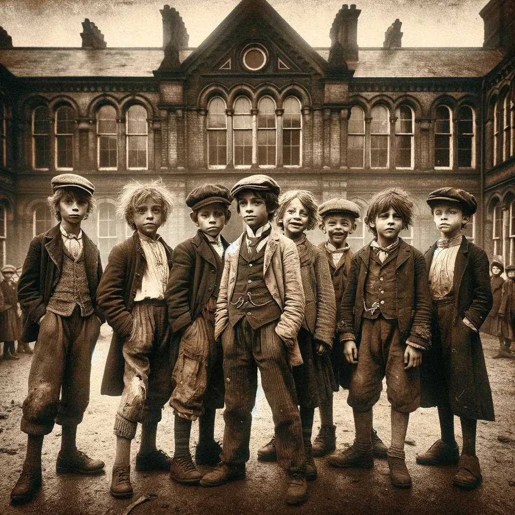 Victorian-era children in period clothing