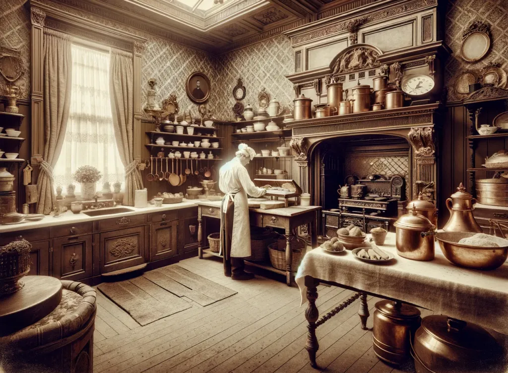 Baking in a wealthy Victorian household kitchen